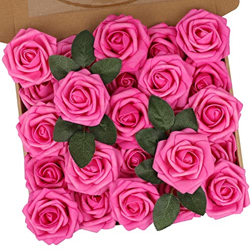 N&T NIETING Fiore di rose artificiali, 25 pezzi, rose in schiuma, finte con steli, per matrimoni, mazzi di fiori, spose, baby shower, feste, decorazione per la casa, fucsia