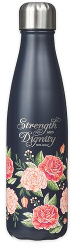 Christian Art Gifts Stainless Steel Double Wall Vaccum Sealed Water Bottle for Women: Strength & Dignity - Prov. 31:25 Inspirational Bible Verse, Leak-proof, BPA-free, Navy/Pink Rose Floral, 17 oz.