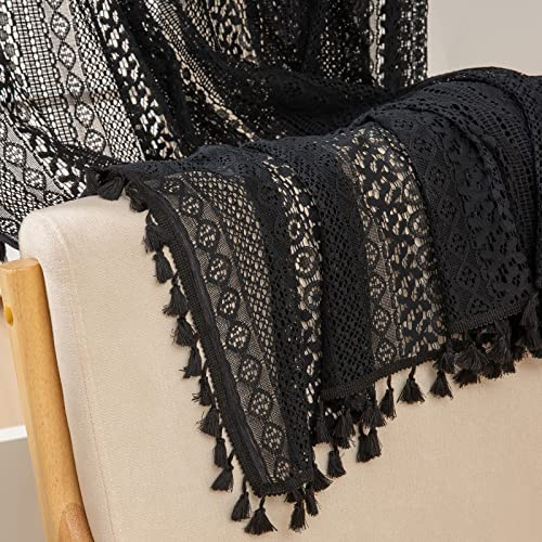 WAZZIO Schwarze Baumwollvorhänge mit Quaste, Gothic-Stil, 248 cm lang, 2 Paneele mit Stangentasche, Häkelvorhänge, Bohemian-Stil, Gothic, Schlafzimmer, Halloween, Wohnzimmer
