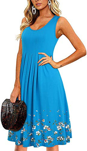 KILIG Sommerkleid Damen Strandkleid Midi Ärmellose Kleid Sommer Leicht Blumenkleid Freizeitkleid (Blue,M)