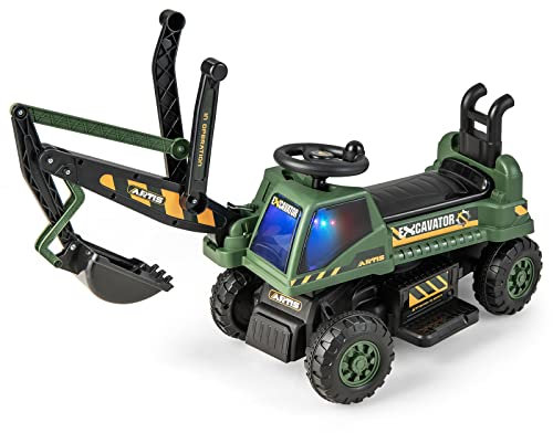 GOPLUS 6V Sitzbagger ab 3 Jahren, Multifunktionales Elektrobagger mit Flexibler Schaufel & verstecktem Stauraum, Kinderbagger mit LED Lichtern & Musik & Hupe, Bagger zum Draufsitzen (Grün)