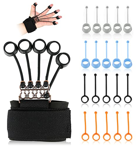 4 Pack Fingertrainer mit Armband，(20lb, 40lb, 60lb, 75lb) 4 in 1 Finger Extensor Exerciser Handgriffverstärker mit Resistance Band, Gitarren Fingertrainer, Handgrifftrainer