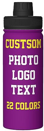 Personalised Water Bottles with Name/Photo for Kids Adults, Custom Stainless Steel Insulated Drink Bottle with Picture Text for Women Mens, Large Capacity Sports Bottle for Hiking Travel, Purple