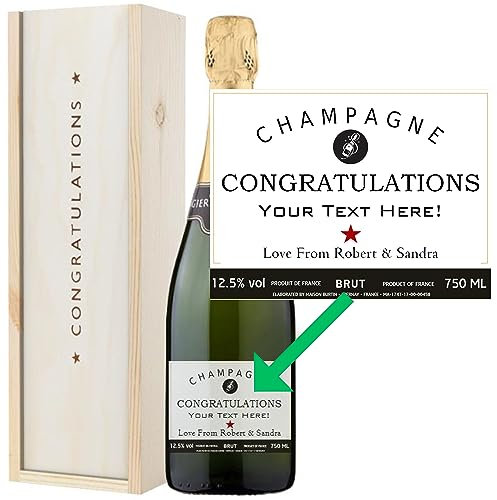 Personalised Congratulations Gift - 75cl Bottle of Brut Champagne - Custom Label for Weddings, Anniversaries, Engagements in a Special Wooden Gift Box