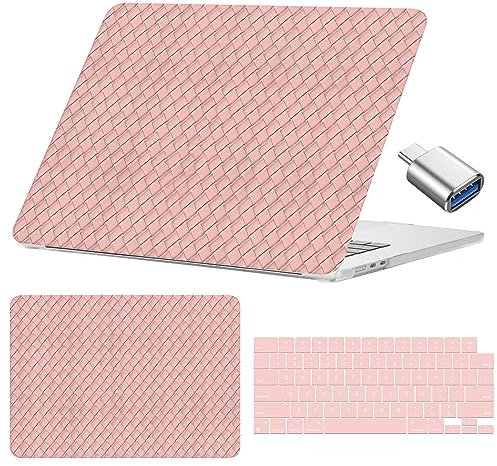 Miwasion Gewebtes Stoff-Design, kompatibel mit MacBook Air 15 Zoll (38,1 cm), Mac Air 15,3 Zoll A2941 M2 mit Retina-Display und Touch-ID und Typ-C-Adapter, elegante Leder-Hartschale, Rosa