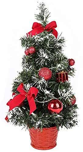 Small Christmas Tree With Lights, Mini Desktop Decoration for Home Office Shopping Bar, Snow Flocked Pine Xmas Tree (Red)