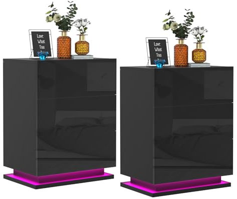 PIPIPOXER 2er Set Nachttisch LED mit 3 Schubladen, Nachttisch Schwarz Hochglanz Nachtkommode Kommode Nachttisch mit LED Licht Nachtschrank Tisch, Led 16 Farben Beistelltisch für Wohnzimmer, 50x35x68cm