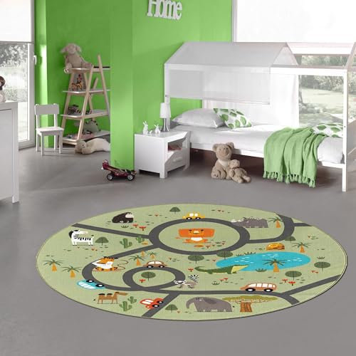 Teppich-Traum Teppich Kinderzimmer Kinderteppich rutschfest waschbar Spielteppich Safari Straße Autos Tiere grün Rund 160 cm Durchmesser