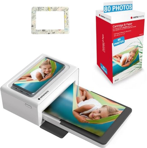 AGFA Photo Pack Imprimante Realipix Moments + Cartouches et papiers 80 Photos + Joli Cadre magnétique - Impression Bluetooth Photo 10x15 cm, iOS et Android, 4Pass Sublimation Thermique - Blanc