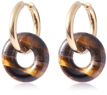 Edelstein Ohrringe Damen,Klassische Doppel-Creolen Für Damen Mit Tigerauge-Anhänger – Goldene Ohrringe Für Einen Zeitlosen Look