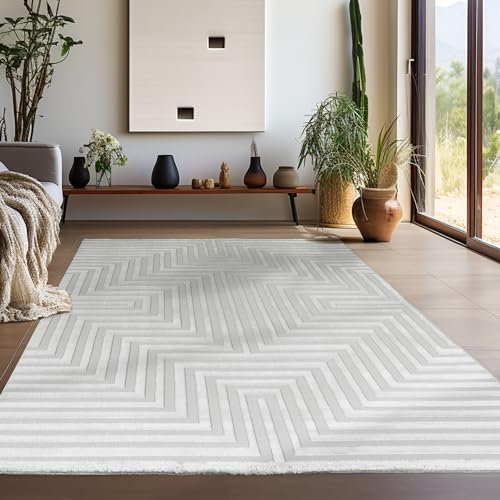 Teppium Moderner Kurzflor Teppich Wohnzimmer 250x350 (240 x 340 cm) Silber - 3D Boho Teppich Waschbar, Skandinavisches Stil, Geometrisch und Weich - für Schlafzimmer, Esszimmer oder Küche