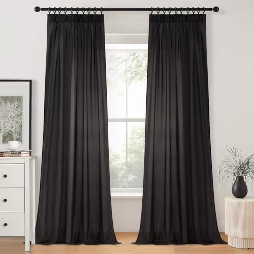 MRTREES brushed cotton curtains for bedroom, black curtains with hooks for track, living room curtains W46 x L90 2 Panels