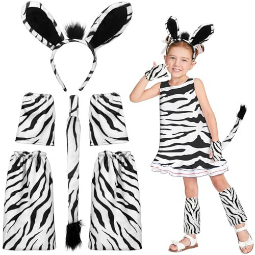 6Stk Zebra Kostüm Set, Zebra Ohren Haarreif Fliege Handschuhe Beinwärmer Schwanz, Zebra Tier Verkleidung Outfit Tier Kostüm Zubehör für Kinder Erwachsene für Halloween Karneval Cosplay Party Favors