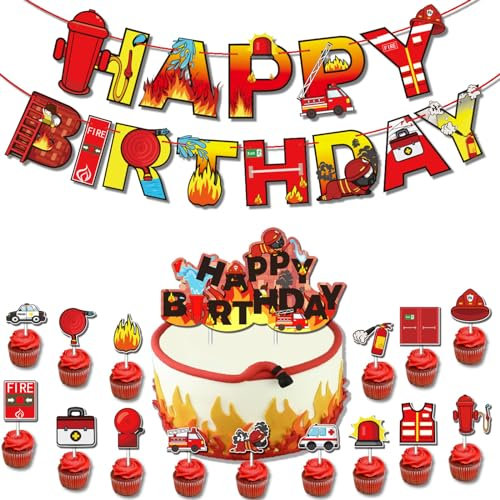 ALEGRE® Feuerwehr Deko Kindergeburtstag,Feuerwehr Geburtstag Girlande Set,Feuerwehr Tortendeko,Feuerwehrmann Geburtstagsdeko,Feuerwehr Party Deko Set mit Happy Birthday Banner Feuerwehr Kuchen Deko