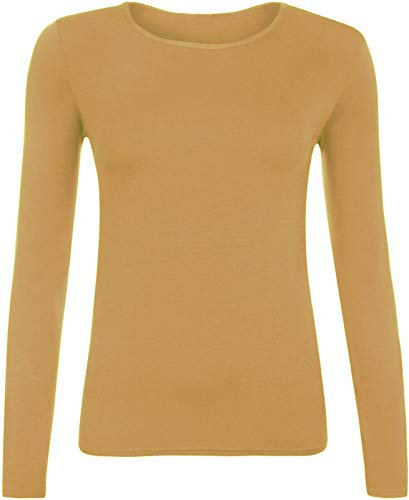 VEARZ® Womens Plain Long Sleeve T-Shirts – Ladies Stretchy Casual Basic Tops Summer Slim fit Round Neck Tee Tops Plus Size Camel, 16-18
