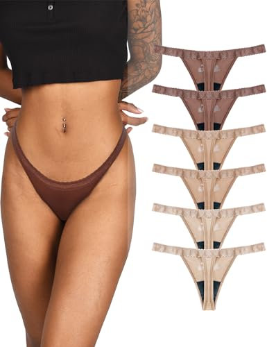 TIICHOO Periodenunterschwäsche Thong Sexy Spitze Menstruationsunterwäsche Thong Perioden String Tanga 6er Pack(3XL, 2Braun/2Nude/2Beige)