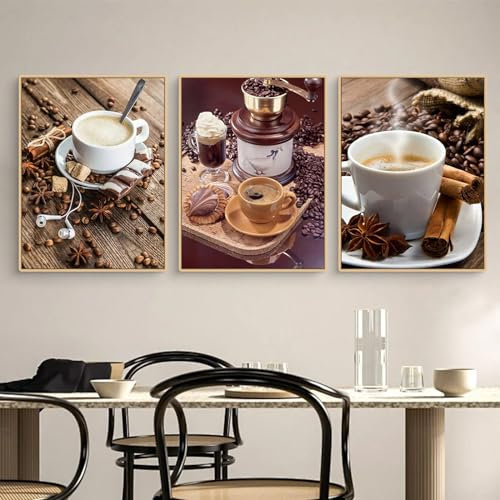 Herfair 3 Teilig Poster Set, Leinwandbilder mit Kaffeebohnen und Kaffee Motiv Kunstdruck, Moderne Wandbild für Küche Esszimmer Badezimmer Wohnzimmer Wanddekoration, ohne Rahmen (A,50x70cm)