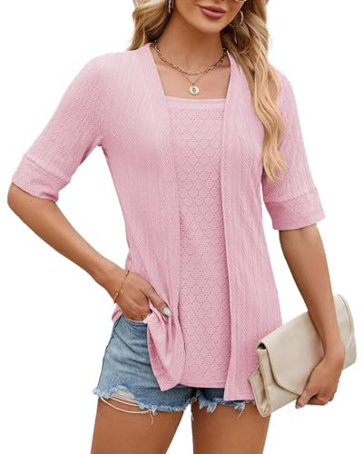Rayson Maglietta da Donna Scollo Quadrato Camicie Estive Elegante Blusa Tee T-Shirt Maniche Corte Pullover Casual Moda Splicing Camicie Due Pezzi(Rosa,XL)