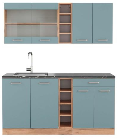 Vicco Singleküche R-Line, Blau-Grau/Goldkraft Eiche, 160 cm, AP Anthrazit