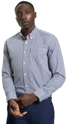 Ben Sherman Herrenhemd, kurzärmelig, Gingham-Muster, lässig, Knopfleiste, Dunkelblau, L