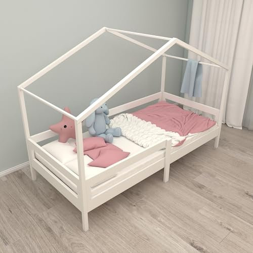 roba Hausbett 90 x 200 cm - Kinderbett nach dem Montessori Prinzip - Erweiterbar mit Lattenrost und Hausbettbezug - Integrierter Rausfallschutz - Holz weiß lackiert