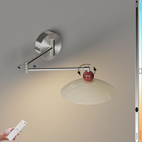 LOGT LED Wandlampe Innen 16W Nachttischlampen Schwenkarm Wandleuchten mit Gelenkarm und Fernsteuerung Wandbeleuchtung Verstellbare Langearm Wand Leselampen Ring Acrylschirm Beleuchtung Fixture Silber