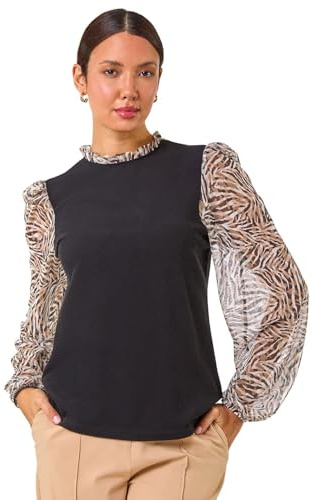 Roman Originals 2 in 1 Print Mesh Sleeve Top for Women UK - Ladies Everyday Autumn Winter Round Neckline Comfy Soft Evening Vacation Work Party Night Out - Natural - Size 14