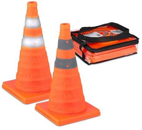 Relaxdays Pylonen groß, 2er Set Leitkegel faltbar, Reflektor-Streifen, Faltkegel, HBT 45 x 24,5 x 24,5 cm, orange/Silber