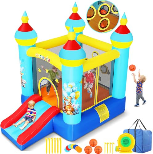 AKEYDIY Hüpfhaus, für drinnen und draußen, lustiges Hüpfhaus mit Gebläse, Tropische Dschungeltiere, Party-Bouncer Slide & Jumping Area, Ballwurfspiel, Hinterhof, aufblasbares Hüpfhaus, Geschenk für