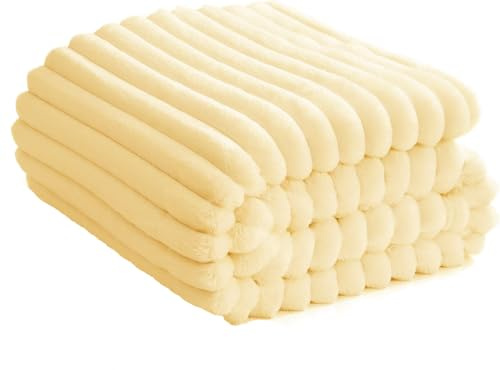 Soft Fleece Blanket Throws - Fluffy Warm Double King Luxury Ribbed Throw for Bedroom, Sofa Couch, Night Bed Blankets (Cream, King (200x240 cm))