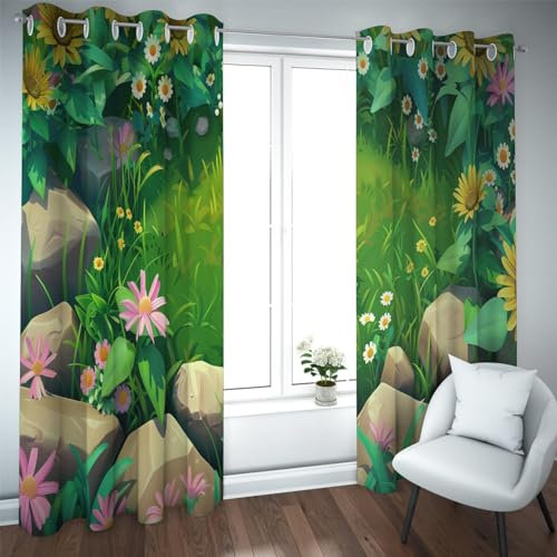 PARREN Dessin animé Vert occultant Rideau pelouse Pierre Fleurs Motif Rideaux de fenêtre pour Salon Chambre Ensemble de 2 Panneaux isolé thermiquement 140x120cm
