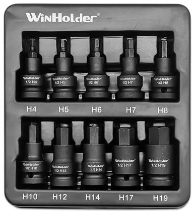 WinHolder 10Peices Impact HEX BIT Socket Set H4-H19 1/2 Drive 4mm to 19mm Tools