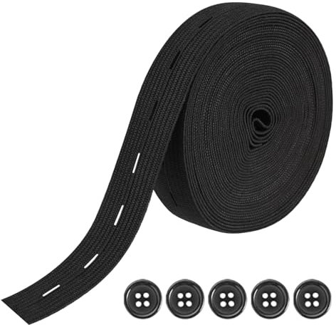 Oykrueats 5 Meter Elastisch Gummiband Nähen,Gummiband Schwarz mit 5 Stück Knöpfe,Gummiband zum Nähen Flaches,Hosenrock Taillenspanner für Kleidung,Polyester Taillenspanner für Kleidung,Perücke,Gürtel