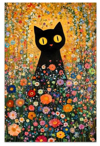 COTAIL Blumen-Wandkunst, Gustav Klimt Stil, Gemälde, Drucke, Poster, Wanddekoration für Wohnzimmer, Schlafzimmer, Bauernhaus, Heimdekoration (ungerahmt, 45,7 x 30,5 cm, Katze)