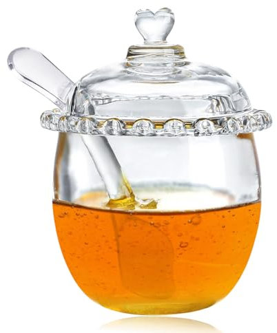 YILANJIN Tarro de Miel de Cristal 220 ml con Cuchara y Tapa, Dispensador de Miel Transparente, Recipiente para Miel y Sirope, Bote de Vidrio para Cocina y Hogar