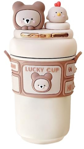 Bonita botella térmica con diseño de conejo/oso, botella de agua térmica con conejo, botella de acero inoxidable con aislamiento al vacío y pajita para fitness, actividades al aire libre y camping