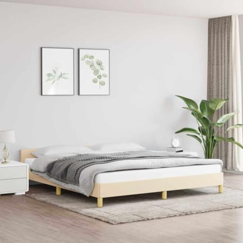 Myheimly Bettgestell mit Kopfteil, Bettrahmen mit Lattenrost, Bett Polsterbett mit Stützbeinen, Schlafzimmerbett,Stoff Creme,160 x 200 cm