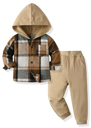 Yanmucy Kleinkind Baby Jungen Kleidung Outfit 2PCS Baumwolle Plaid Junge Hoodies Hemd Tops Hosen Set Kleine Jungen Anzug Kinder Trainingsanzug Frühling Herbst Kleidung Set (khaki, 6-7 T)