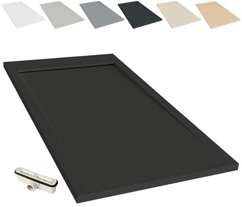 NEBADOON | Plato de Ducha Modelo Venecia - Plato Ducha Resina con Textura Pizarra - Antideslizante y Antibacteriano - Negro (RAL 9005) 90x170 cm - Incluye Válvula Desagüe y Rejilla.