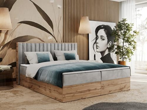 MKS MEBLE Boxspringbett 200x200 mit Bettkasten Holz Holzrahmen, Boxbett 200x200 mit Matratze H4 und Kopfteil - Hellgrau Velvet - Albero-4