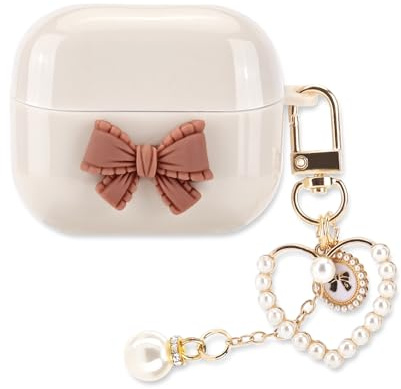 DiyGody for Samsung Galaxy Buds 3/3 Pro/3 FE Case for Women, Cute 3D Bow Tie Design with Pearl Keychain, Soft TPU Shockproof Full Protection Cover for Samsung Galaxy Buds 3/3 Pro -Beige
