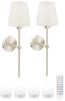 Omniance Monaco Rechargeable Wall Lights Nickel Twin Pack, 4 Light Sources | Cordless dimmable colour changing sconce, satin finish, no wiring, fabric shade, USB C, for bedroom and hallway
