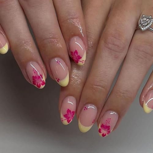 SXVME Yellow French Tip Press on Nails Short Oval, Flower False Nails Short Almond, Pink Floral Designs Full Cover Nude Pink Stick on Nails for Spring Summer Decoration 24 Pcs