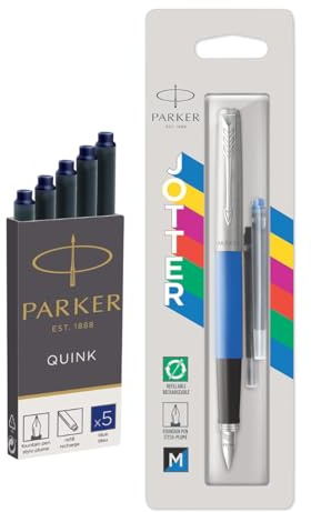 Parker Jotter Originals 2096858 Füllfederhalter, klassisches blaues Finish, mittlere Feder, blaue und schwarze Tinte, Set mit extra blauer Tinte