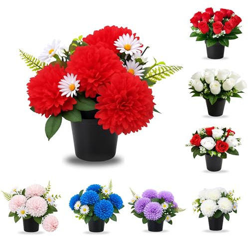 AMERISE 25cm Red Artificial Grave Flowers in Pot – Weatherproof Chrysanthemums for Cemetery & Funeral Memorials | Outdoor Plastic Flower Pot for Graveside Decorations UK