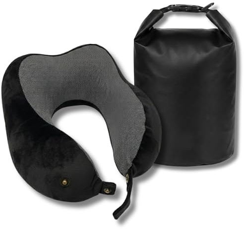 Backpacker's Journey Nackenkissen Reise & Flugzeug Memory Foam – Ergonomisches Nackenhörnchen inkl. Wasserdichter Tasche (Dry Bag) zur Befestigung am Gepäck – 6-Fach Verstellbar & Waschbar