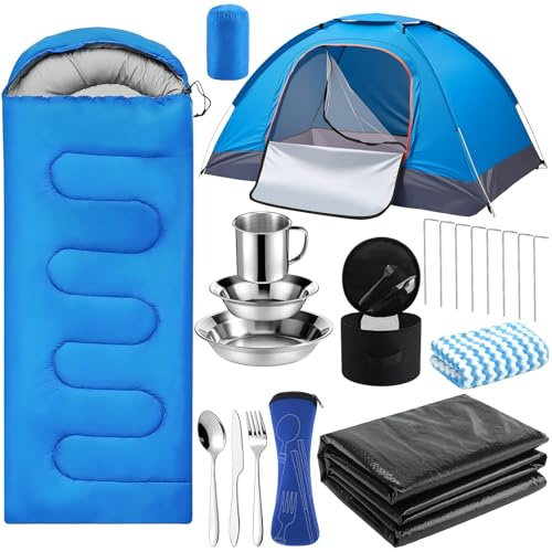 11 Pcs Camping Tent Set for 1-2 Person, Complete Outdoor Travel Gear with Tent Sleeping Bag Stainless Steel Mess Kit Waterproof Tarp for Backpacking, Road Trips, Beach, & Backyard Adventure