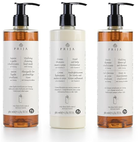 thehotelery.de PRIJA XL Set 3x 380ml Flüssigseife Ginseng, Haut & Haarshampoo, Bodylotion, Spa Hotel Seife vitalisierend mit Ginseng, Hand- und Körperlotion mit Vitamin E und Sheabutter
