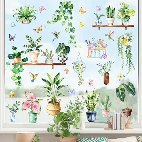 Supzone Fensterbilder Sommer Grüne Topfpflanze Fensteraufkleber Selbstklebend Blätter Grüne Pflanzen Vögel Fenstersticker Anti-Kollision Fensterfolie Glastüren Fensterdeko