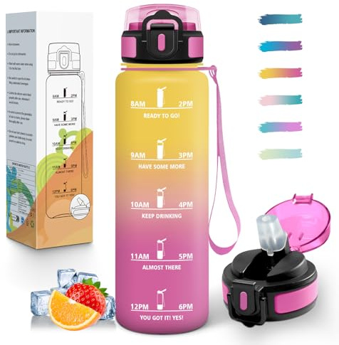 Mulbijeo Gourde 1L, Étanches, Gourde Avec Paille, Réutilisable, Bouteille d'eau, Échelle de Temps et Slogans de Motivation, Bouteille Sport pour Gym, Ecole, Cyclisme, Plein air, Sport